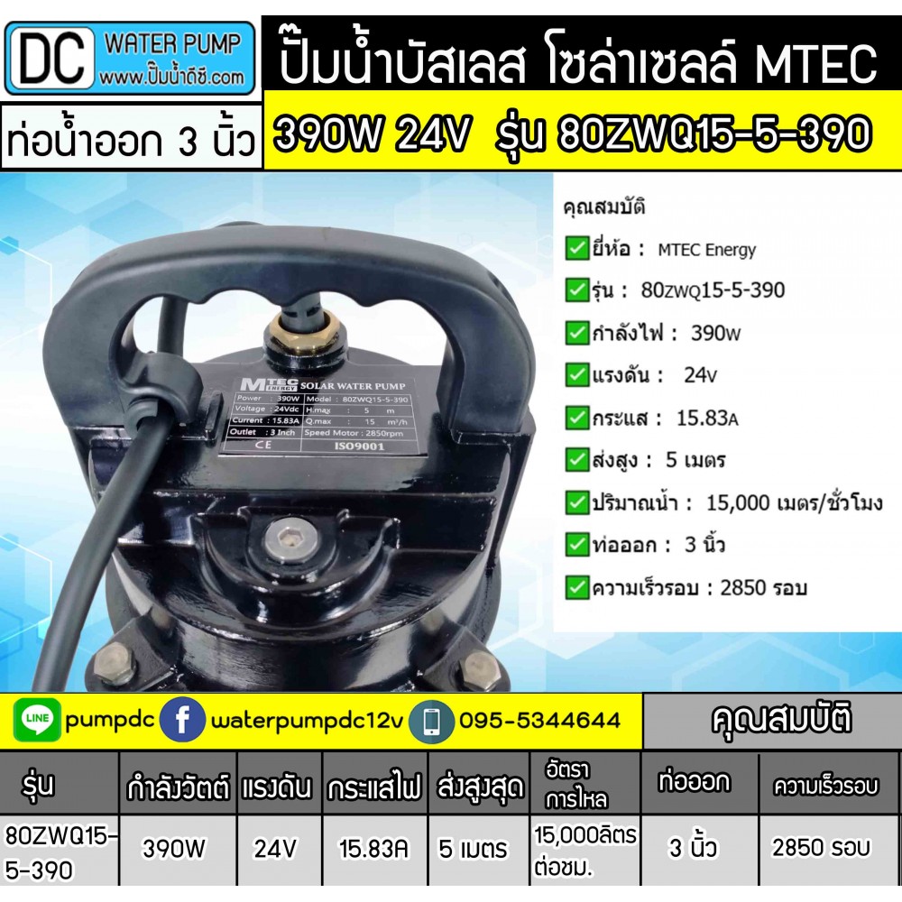 ปั๊มน้ำบัสเลส 390W 24V รุ่น 80ZWQ15-5-390 ท่อ 3 นิ้ว